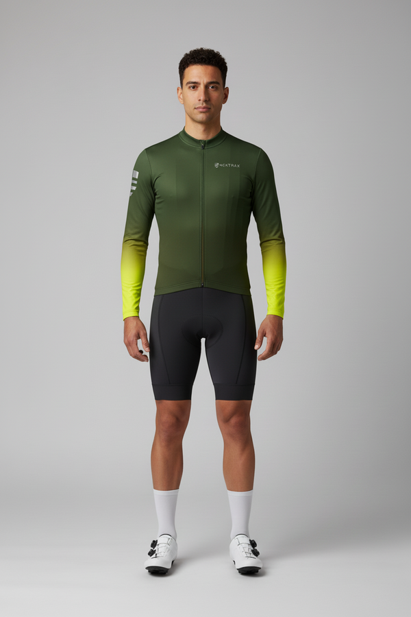 Mektrax Olive Green Long Sleeve Cycling Jersey on Male Model